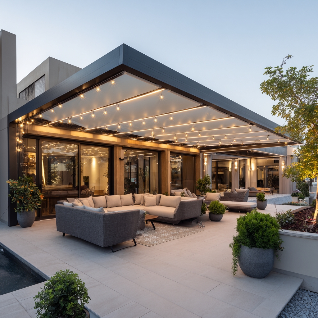 Pergola bioclimatique éclairée en soirée