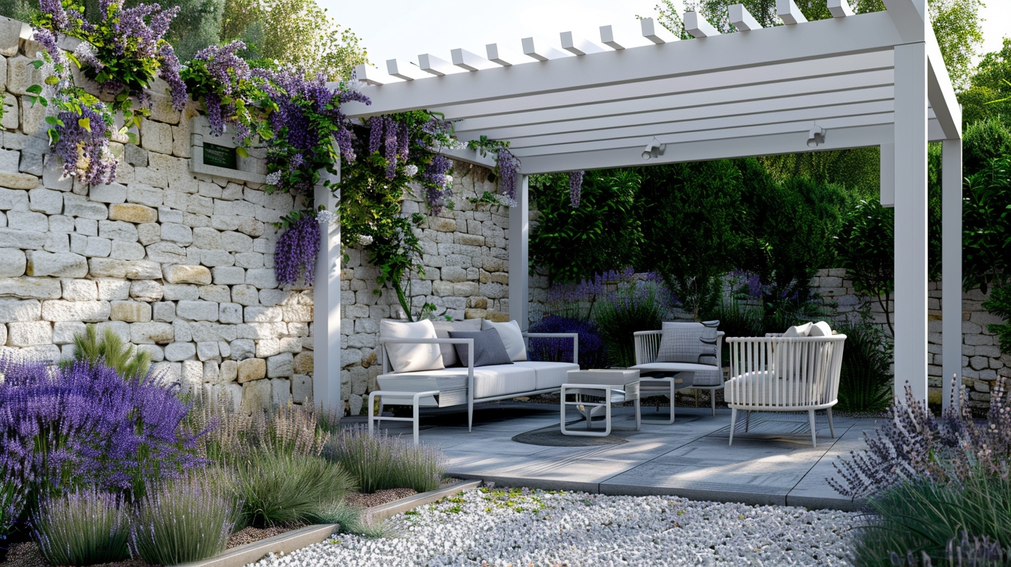 Pergola bioclimatique dans un jardin en Guyane